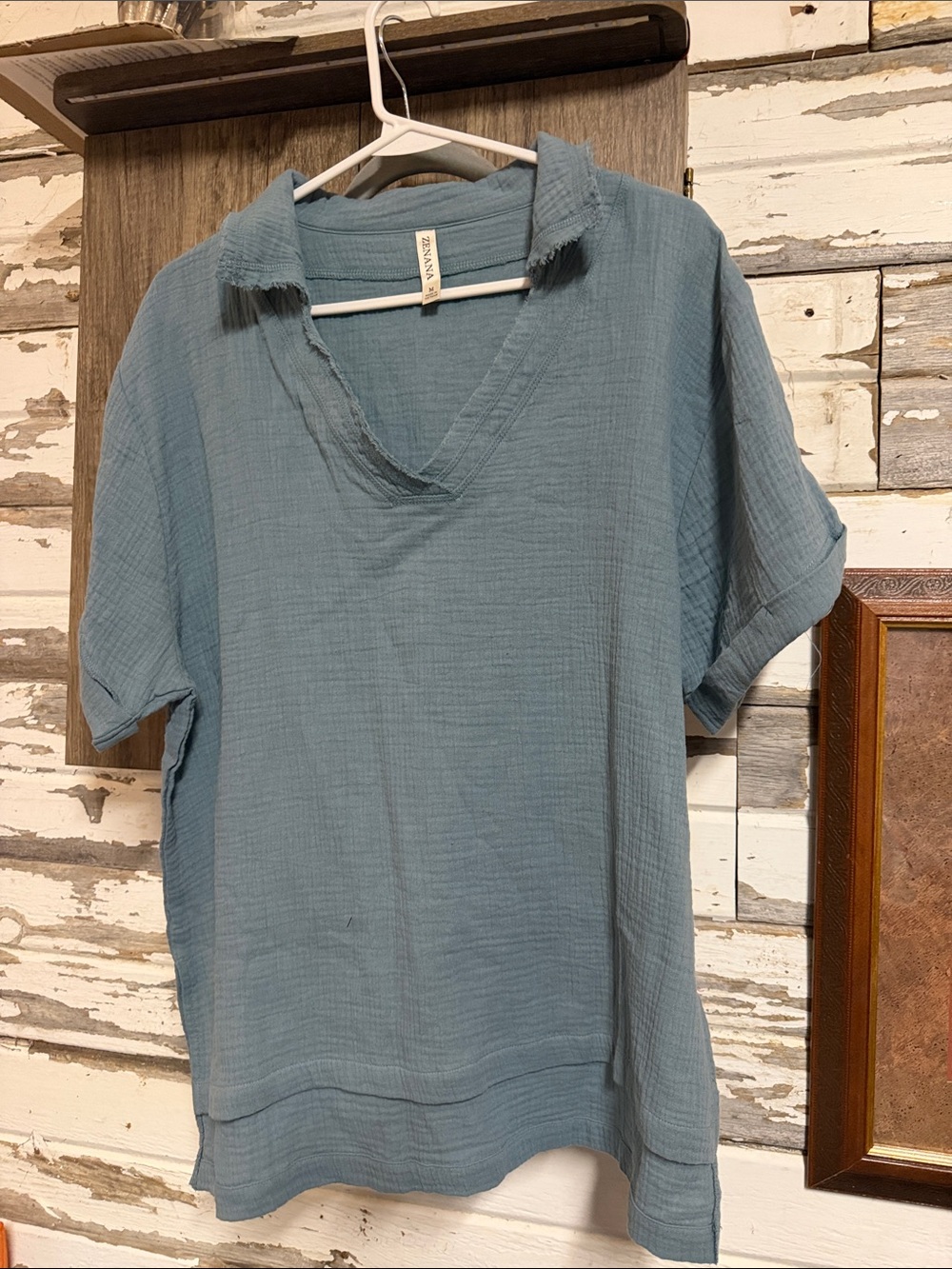 Zenana Outfitters Dusty Blue Gauze V-Neck Tunic